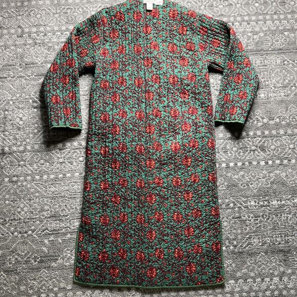 Orvis Long Quilted Button Up Jacket Coat Robe Red Floral Small Cotton Reversible - Picture 8 of 12